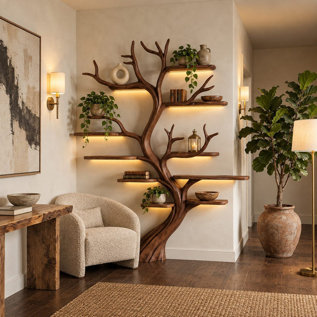 Sculptural Wall Tree Bookshelf With Flowing Twisted Trunk For Living Room