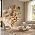 Tree Bookshelf with Flowing Twisted Trunk and Short Curved Shelves, Sculptural Wall Bookcase