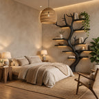 Tree Bookshelf with Flowing Twisted Trunk and Short Curved Shelves, Sculptural Wall Bookcase