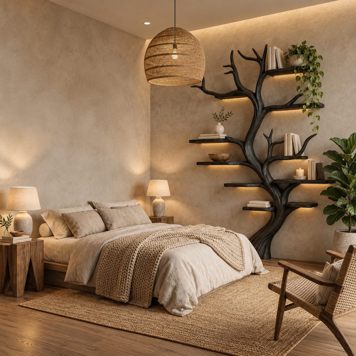 Tree Bookshelf with Flowing Twisted Trunk and Short Curved Shelves, Sculptural Wall Bookcase