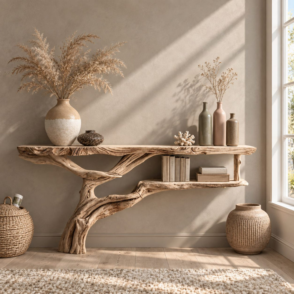 Floating Driftwood Console Table with Lower Shelf, Wall Mounted Live Edge Entryway Table