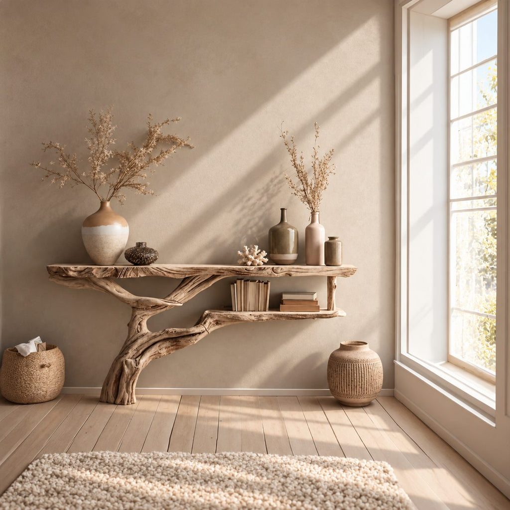 Floating Driftwood Console Table with Lower Shelf, Wall Mounted Live Edge Entryway Table