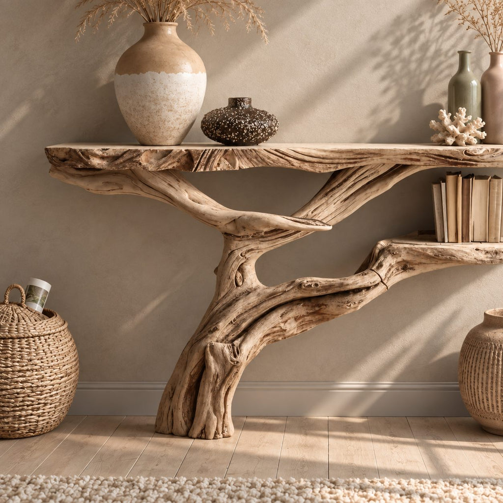 Floating Driftwood Console Table with Lower Shelf, Wall Mounted Live Edge Entryway Table