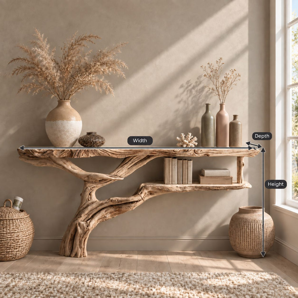 Floating Driftwood Console Table with Lower Shelf, Wall Mounted Live Edge Entryway Table