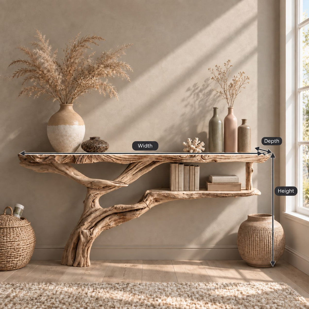 Floating Driftwood Console Table with Lower Shelf, Wall Mounted Live Edge Entryway Table