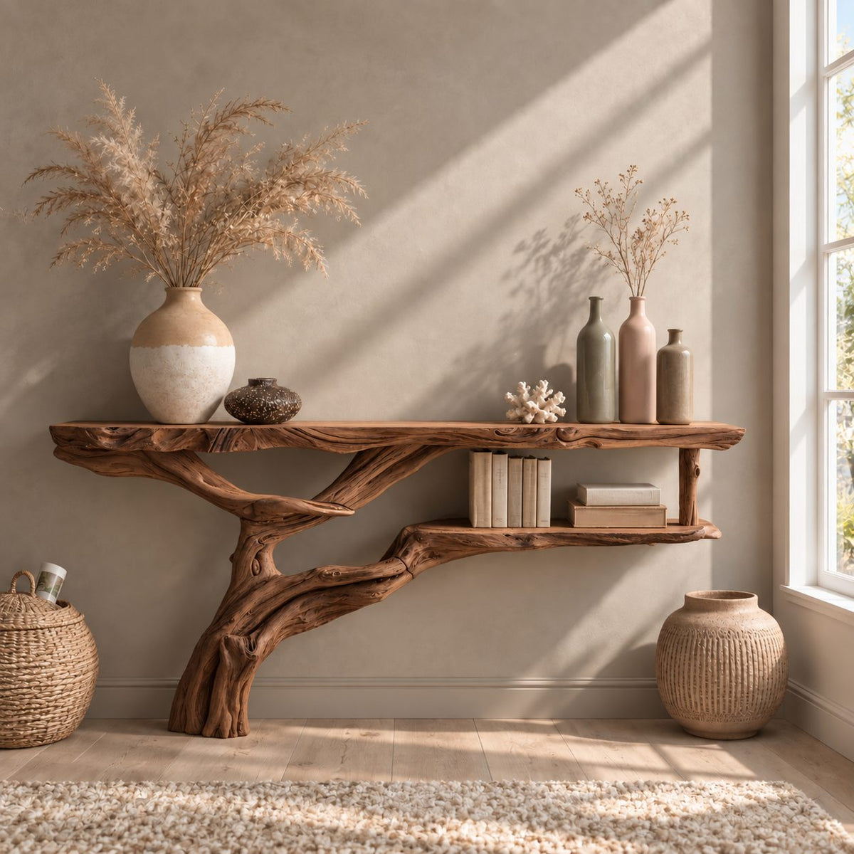 Floating Driftwood Console Table with Lower Shelf, Wall Mounted Live Edge Entryway Table