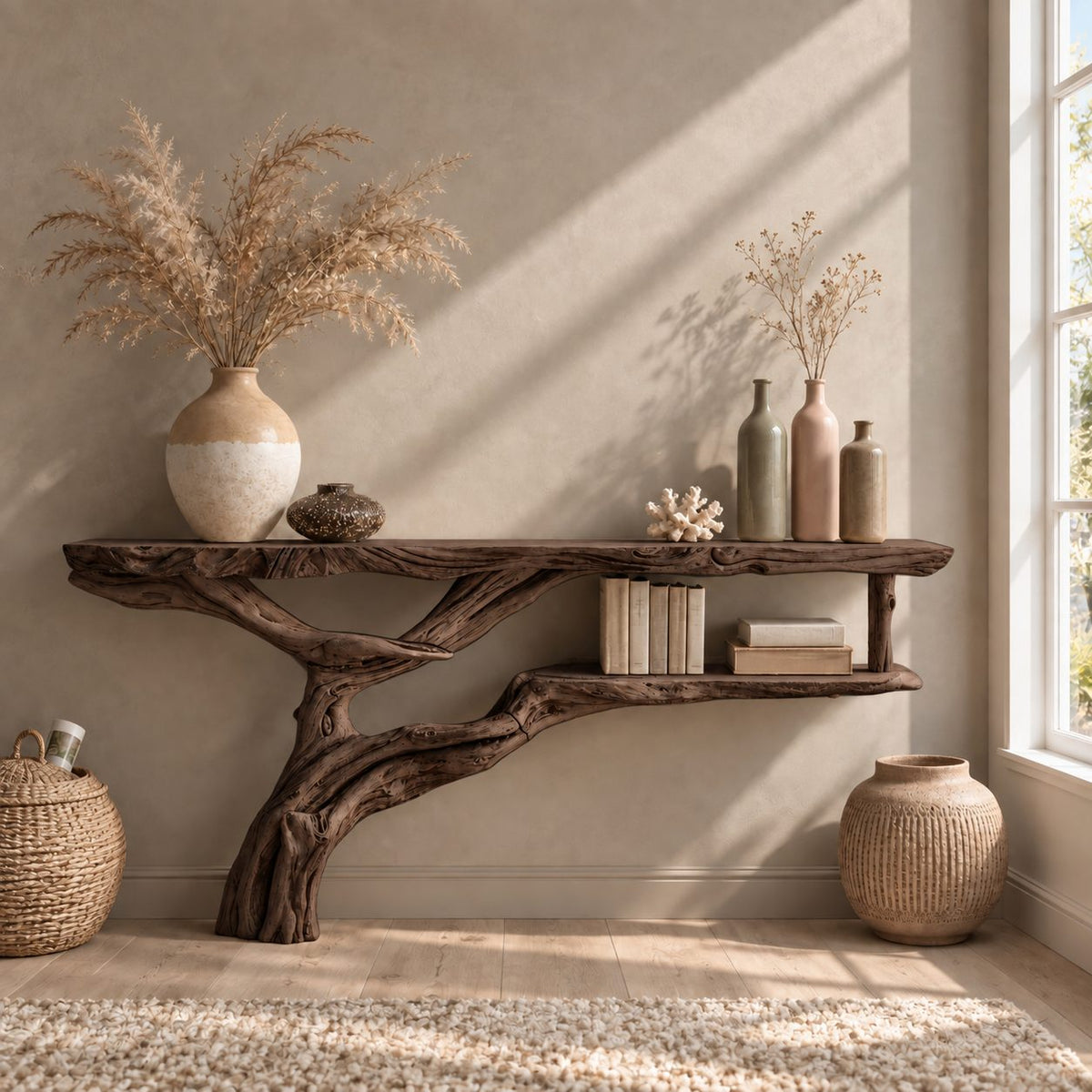 Floating Driftwood Console Table with Lower Shelf, Wall Mounted Live Edge Entryway Table