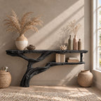 Floating Driftwood Console Table with Lower Shelf, Wall Mounted Live Edge Entryway Table