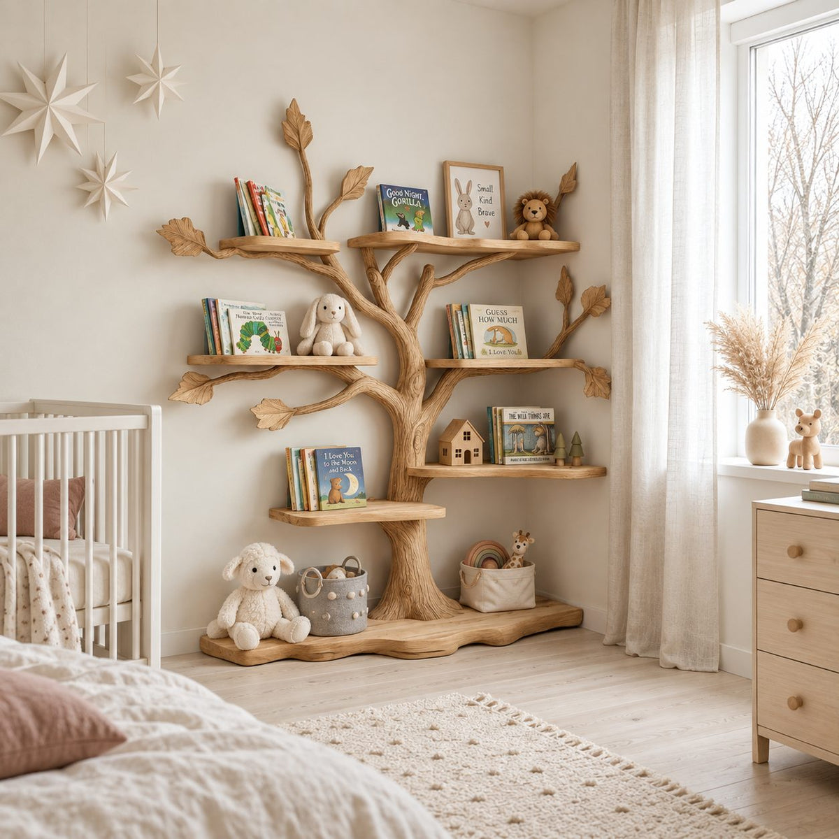 Kids Tree Bookshelf with Leaf Shaped Branch Tips and Wavy Floor Base, Nursery Book Display Shelf