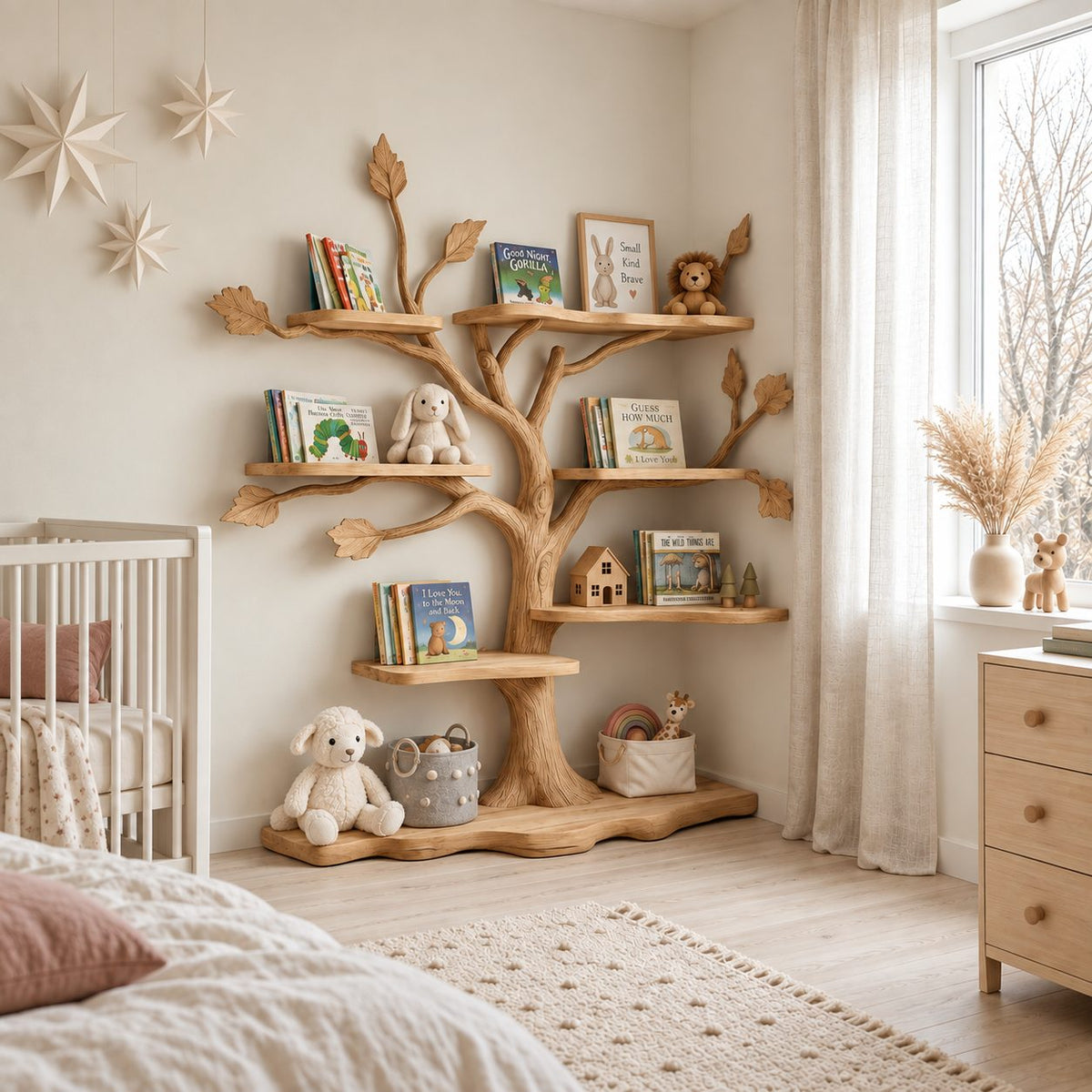 Kids Tree Bookshelf with Leaf Shaped Branch Tips and Wavy Floor Base, Nursery Book Display Shelf