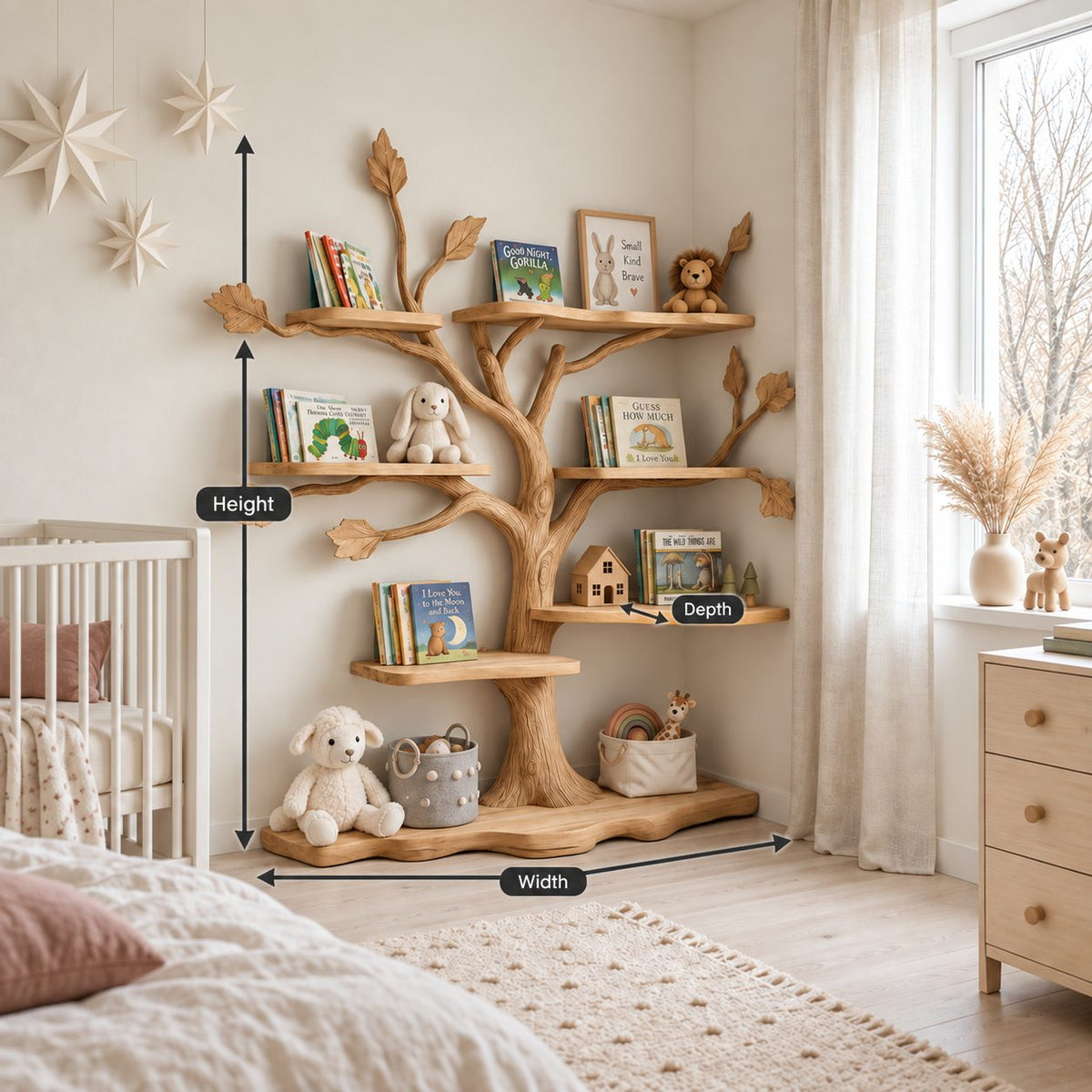 Kids Tree Bookshelf with Leaf Shaped Branch Tips and Wavy Floor Base, Nursery Book Display Shelf