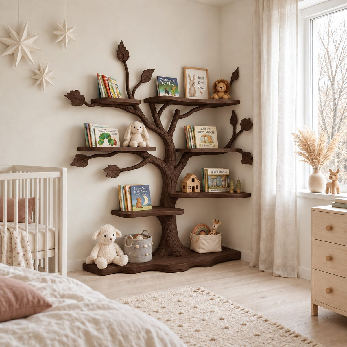 Kids Tree Bookshelf with Leaf Shaped Branch Tips and Wavy Floor Base, Nursery Book Display Shelf