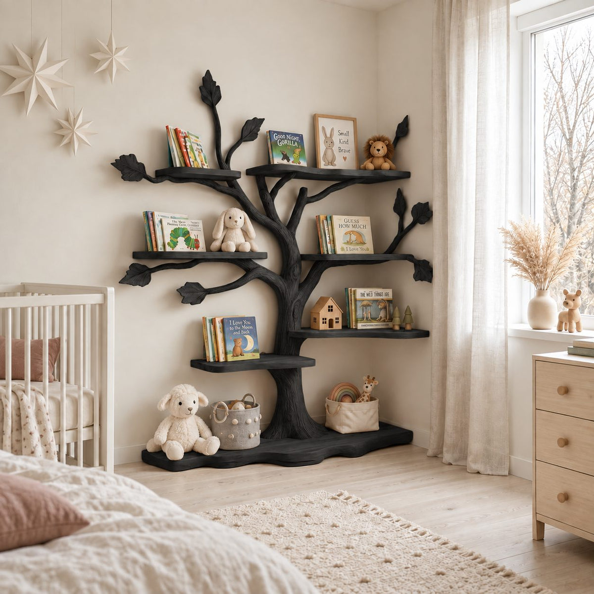 Kids Tree Bookshelf with Leaf Shaped Branch Tips and Wavy Floor Base, Nursery Book Display Shelf