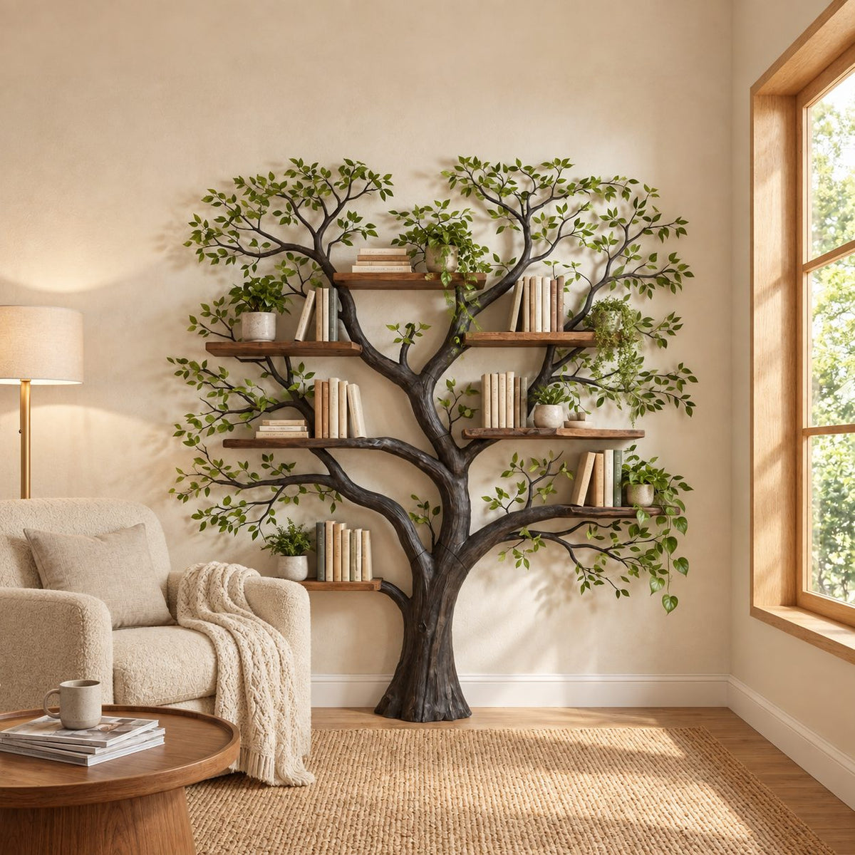 Tree Bookshelf with Broad Rounded Crown and Thick Trunk, Reading Corner Wall Bookcase