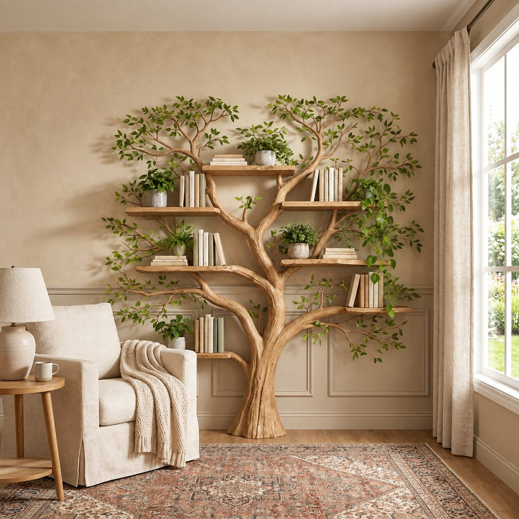 Tree Bookshelf with Broad Rounded Crown and Thick Trunk, Reading Corner Wall Bookcase
