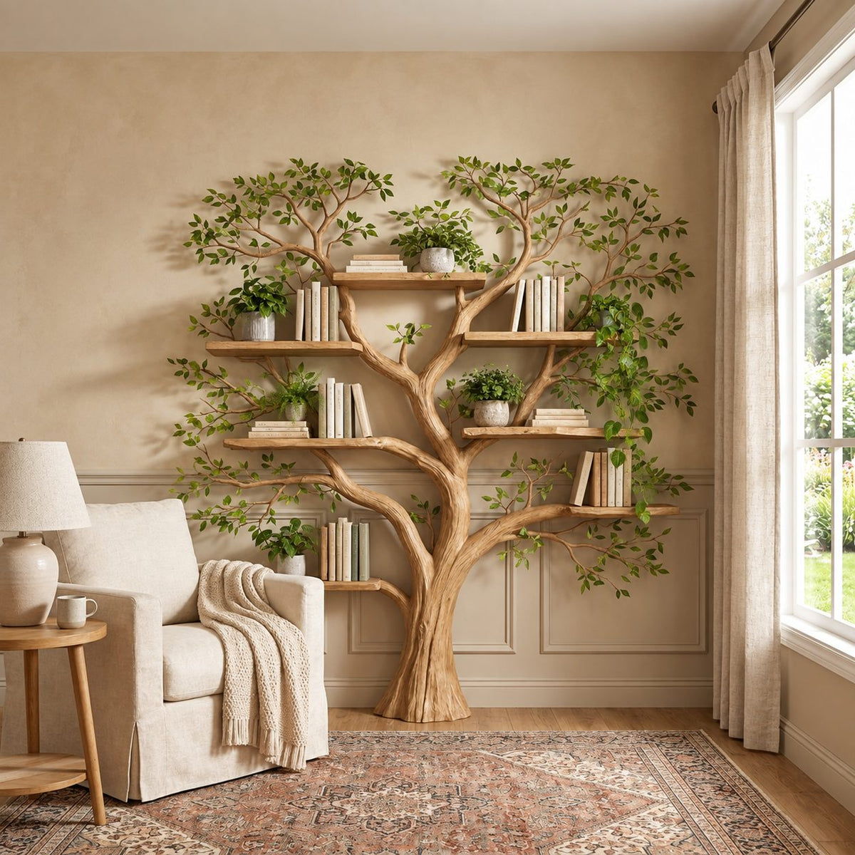 Tree Bookshelf with Broad Rounded Crown and Thick Trunk, Reading Corner Wall Bookcase