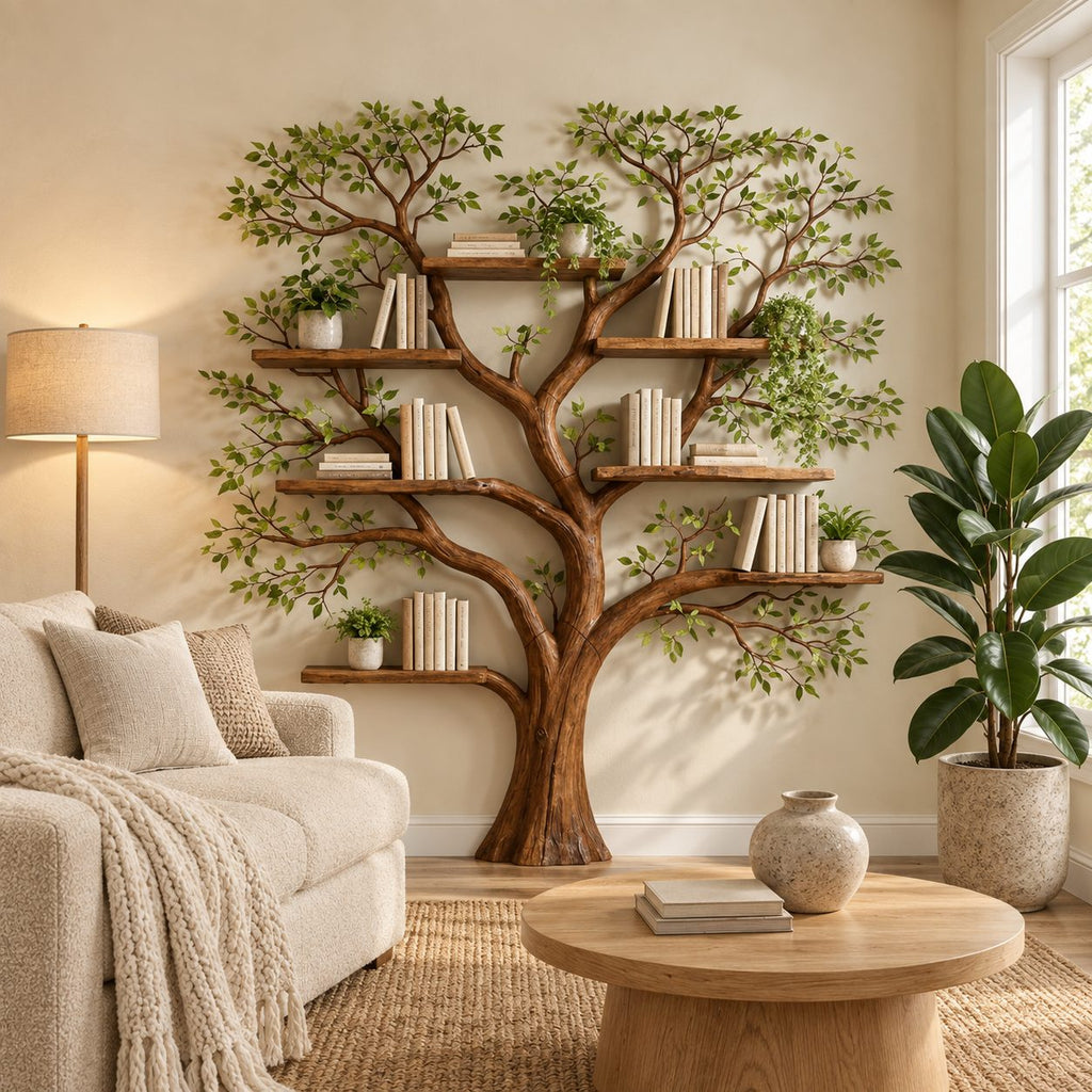 Tree Bookshelf with Broad Rounded Crown and Thick Trunk, Reading Corner Wall Bookcase