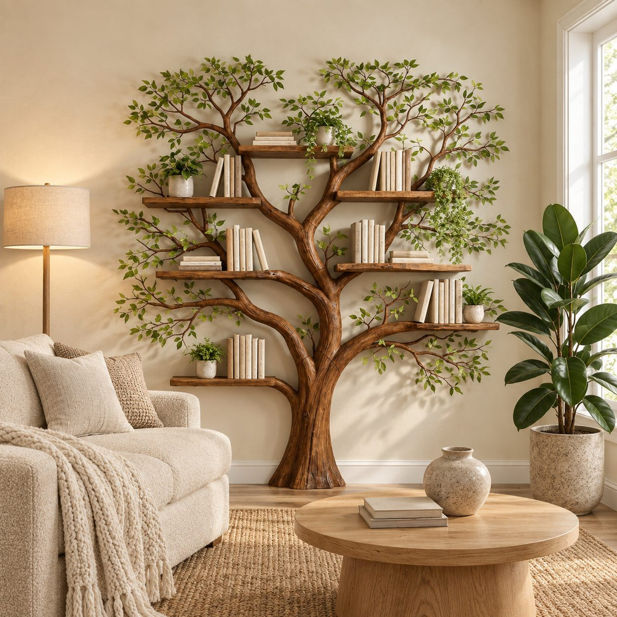 Tree Bookshelf with Broad Rounded Crown and Thick Trunk, Reading Corner Wall Bookcase