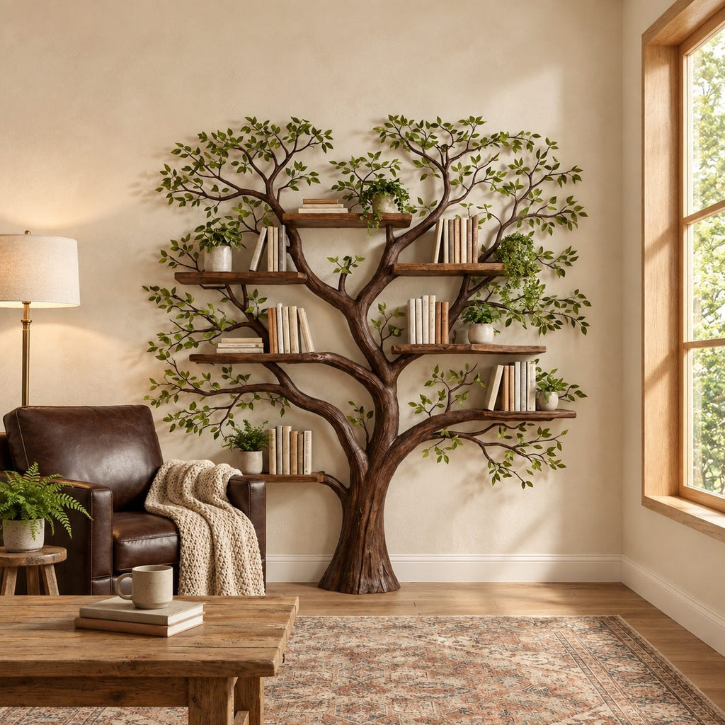 Tree Bookshelf with Broad Rounded Crown and Thick Trunk, Reading Corner Wall Bookcase