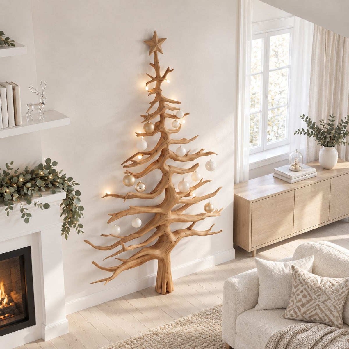 Christmas Tree Wall Decor in Driftwood Style, Tall Branch Tree Sculpture with Carved Star Top