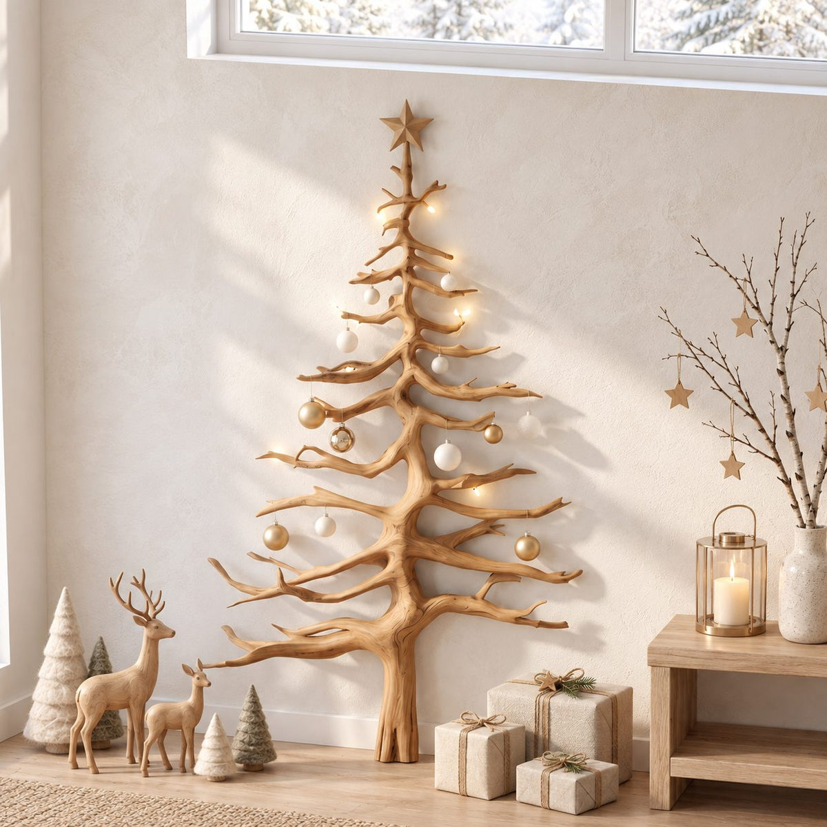 Christmas Tree Wall Decor in Driftwood Style, Tall Branch Tree Sculpture with Carved Star Top