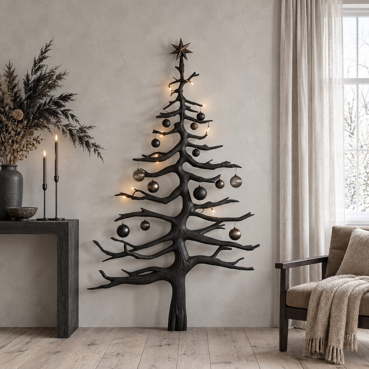 Christmas Tree Wall Decor in Driftwood Style, Tall Branch Tree Sculpture with Carved Star Top