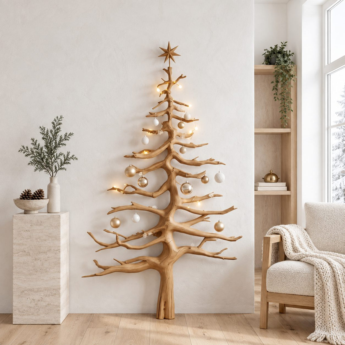 Christmas Tree Wall Decor in Driftwood Style, Tall Branch Tree Sculpture with Carved Star Top