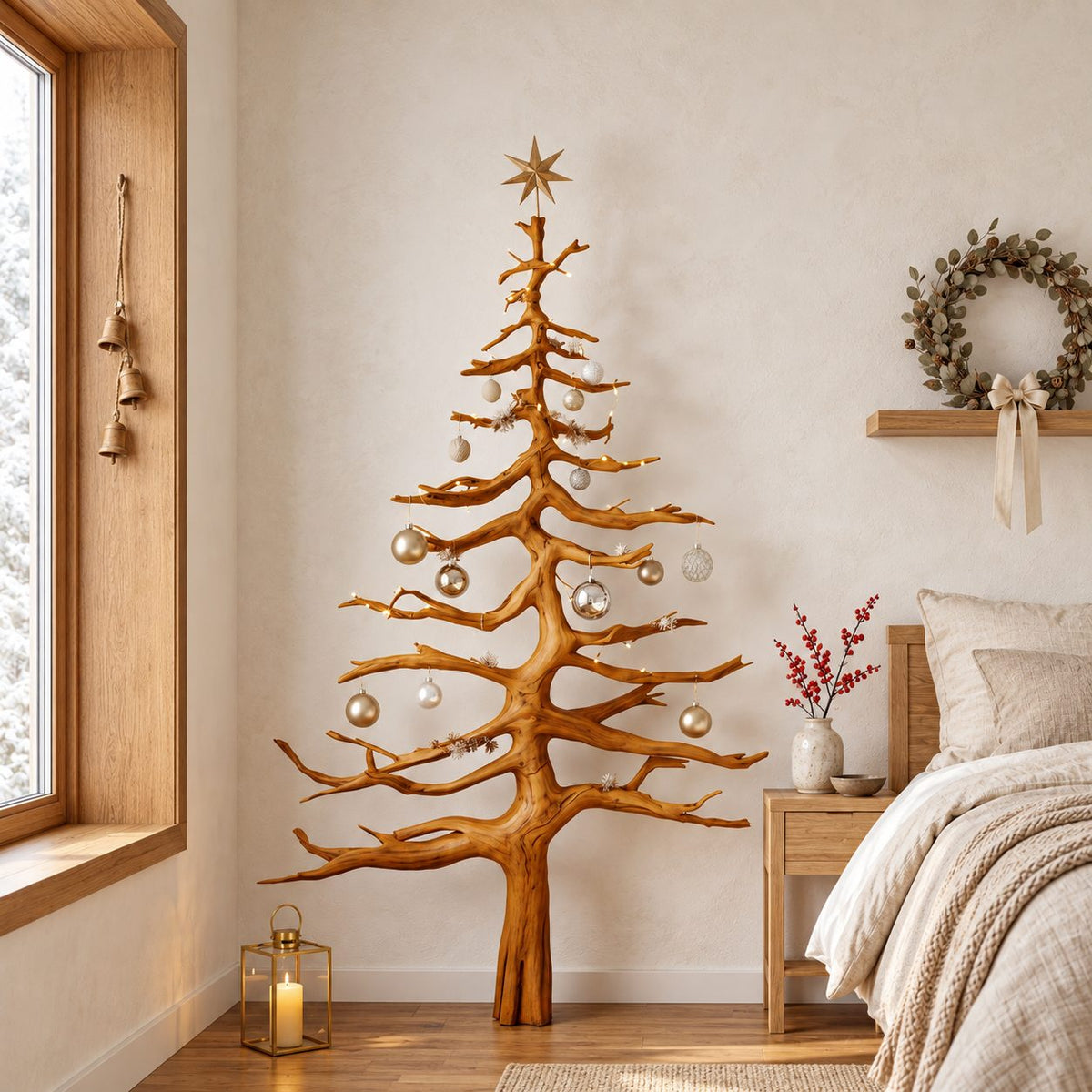 Christmas Tree Wall Decor in Driftwood Style, Tall Branch Tree Sculpture with Carved Star Top