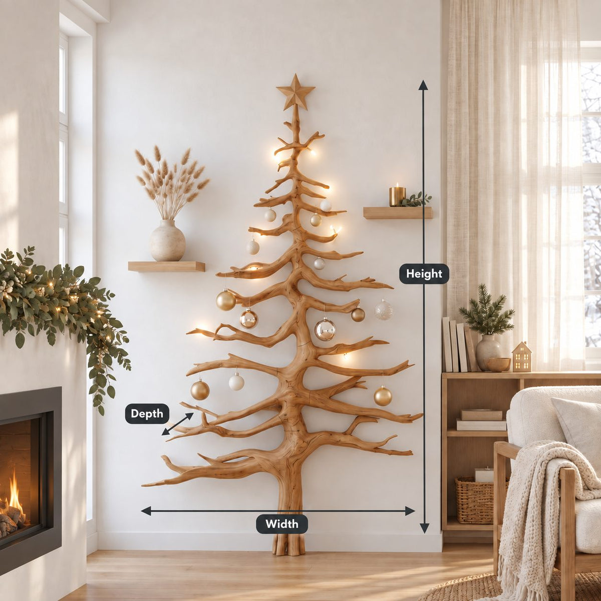 Christmas Tree Wall Decor in Driftwood Style, Tall Branch Tree Sculpture with Carved Star Top