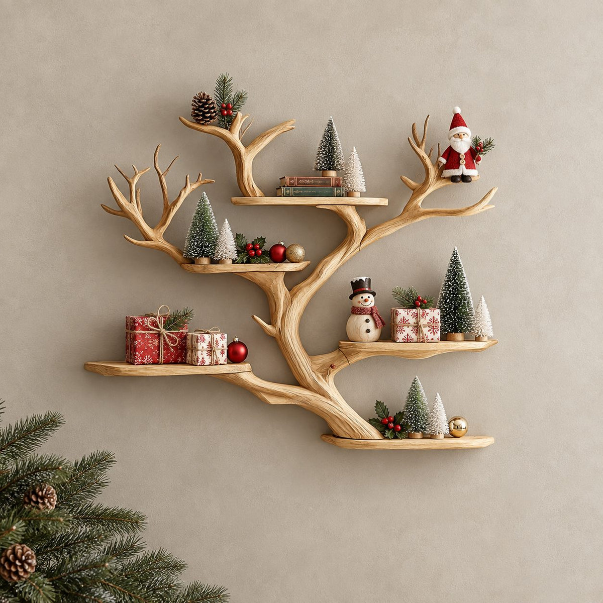 Floating Tree Branch Shelf with Antler Like Forks and Short Live Edge Shelves, Wall Display Shelf