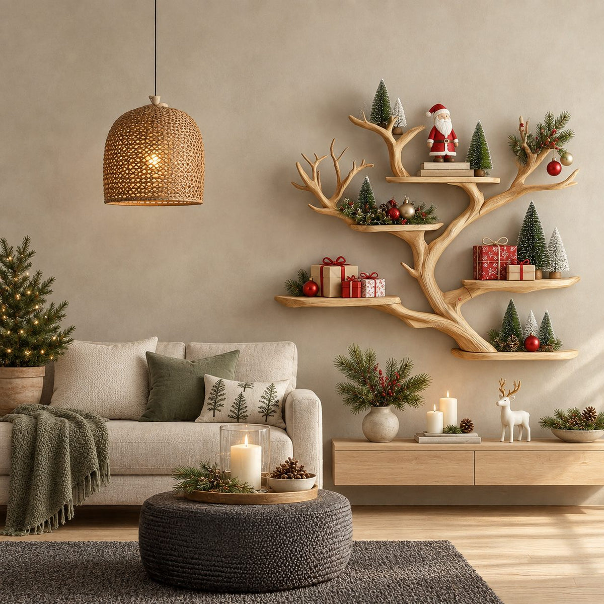 Floating Tree Branch Shelf with Antler Like Forks and Short Live Edge Shelves, Wall Display Shelf