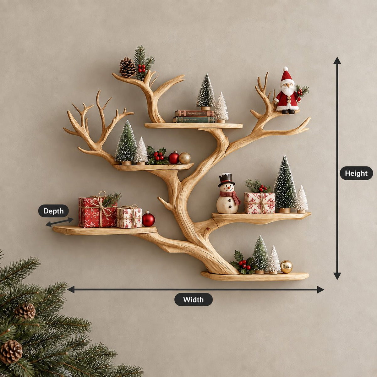 Floating Tree Branch Shelf with Antler Like Forks and Short Live Edge Shelves, Wall Display Shelf