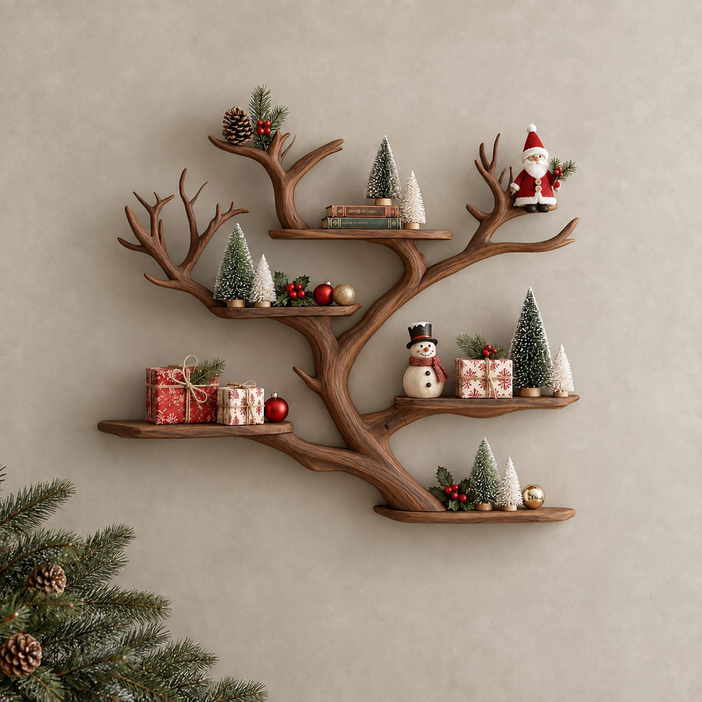 Floating Tree Branch Shelf with Antler Like Forks and Short Live Edge Shelves, Wall Display Shelf