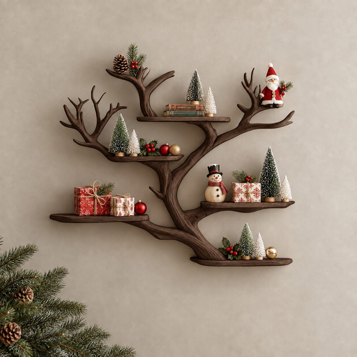 Floating Tree Branch Shelf with Antler Like Forks and Short Live Edge Shelves, Wall Display Shelf