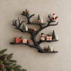 Floating Tree Branch Shelf with Antler Like Forks and Short Live Edge Shelves, Wall Display Shelf