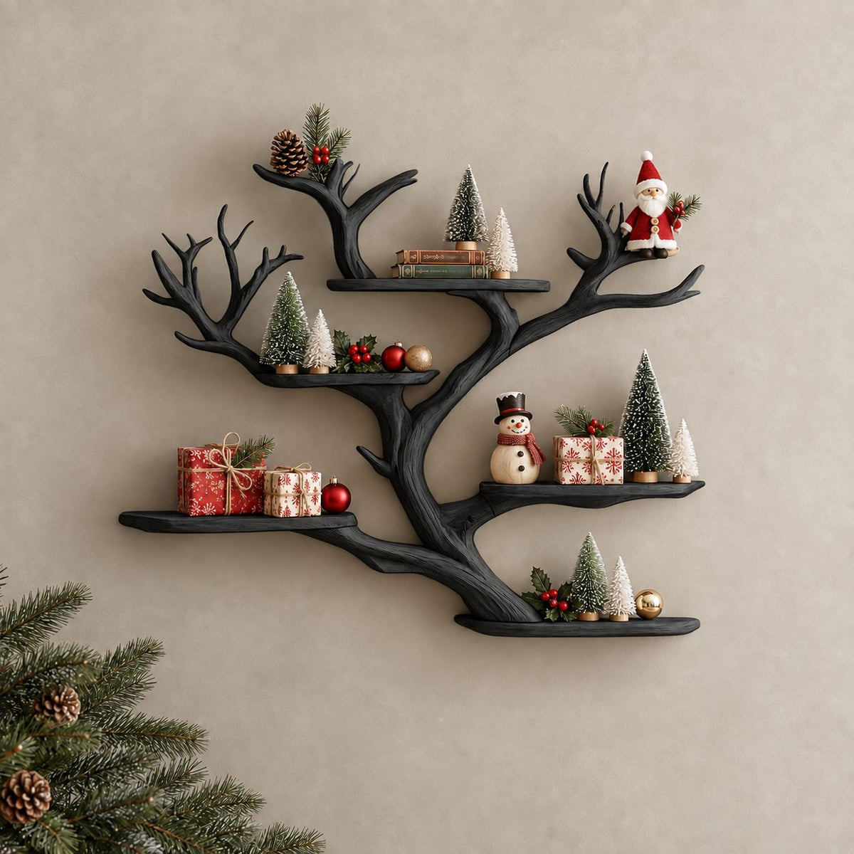 Floating Tree Branch Shelf with Antler Like Forks and Short Live Edge Shelves, Wall Display Shelf