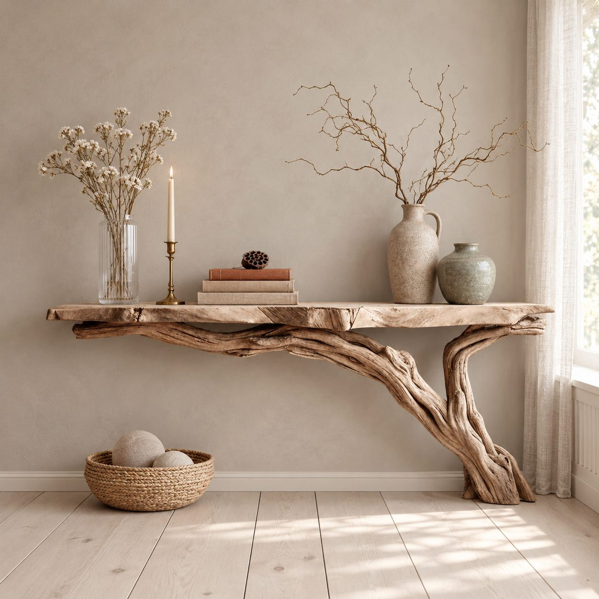Floating Live Edge Console Table with Driftwood Branch Leg, Wall Mounted Narrow Entryway Table