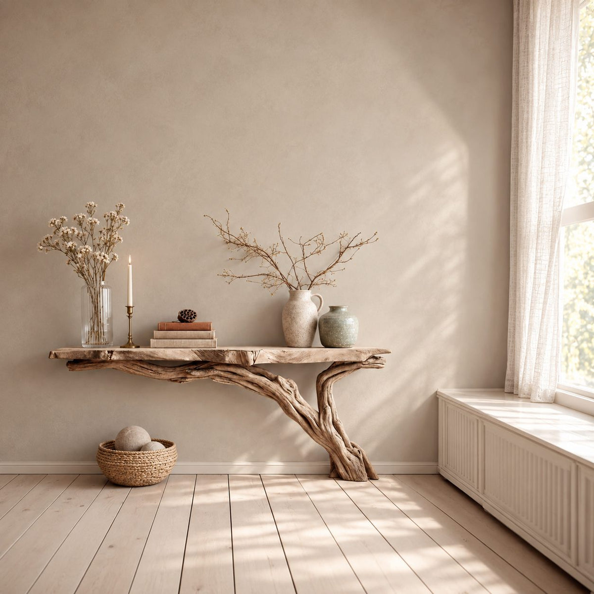 Floating Live Edge Console Table with Driftwood Branch Leg, Wall Mounted Narrow Entryway Table