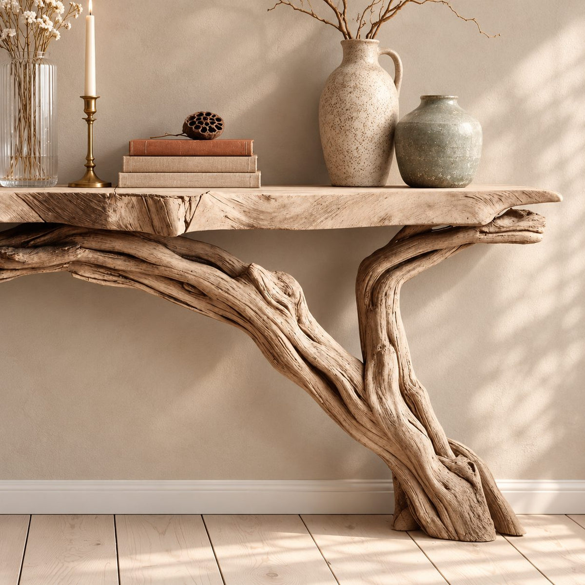 Floating Live Edge Console Table with Driftwood Branch Leg, Wall Mounted Narrow Entryway Table