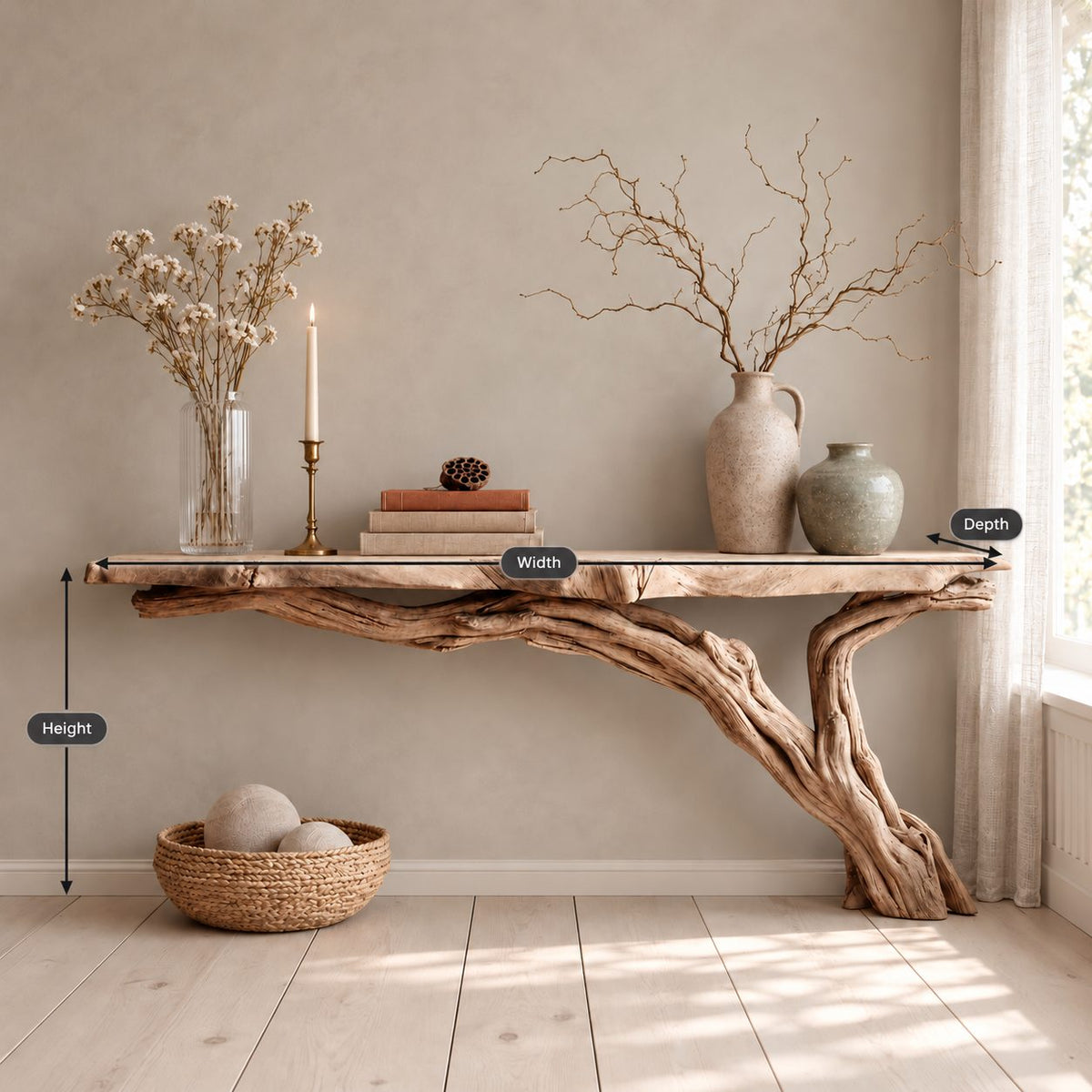 Floating Live Edge Console Table with Driftwood Branch Leg, Wall Mounted Narrow Entryway Table