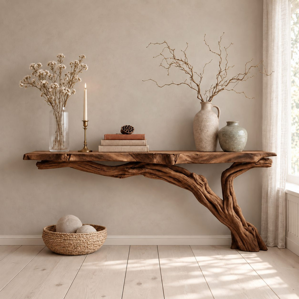 Floating Live Edge Console Table with Driftwood Branch Leg, Wall Mounted Narrow Entryway Table