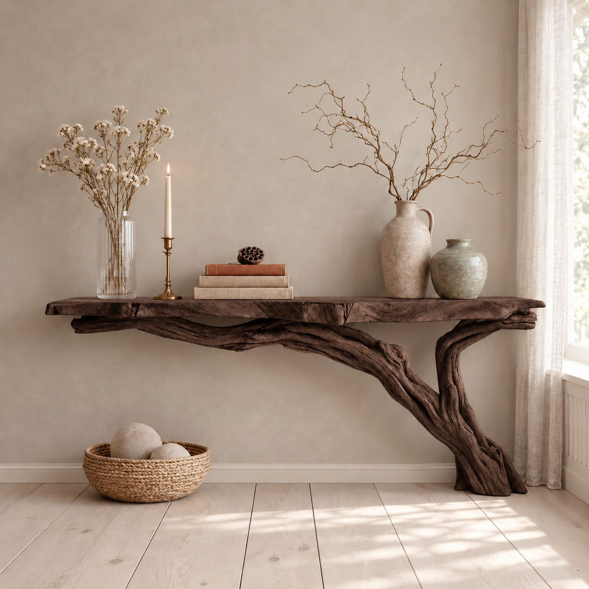 Floating Live Edge Console Table with Driftwood Branch Leg, Wall Mounted Narrow Entryway Table