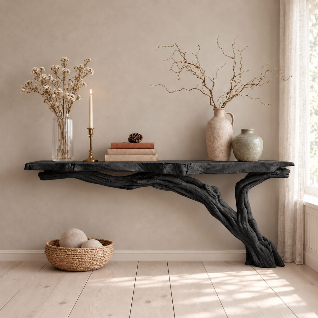 Floating Live Edge Console Table with Driftwood Branch Leg, Wall Mounted Narrow Entryway Table