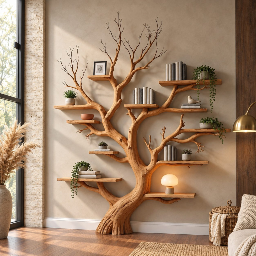 Wall Tree Bookshelf with Twin Forked Rooted Trunk and Short Shelves at Many Heights