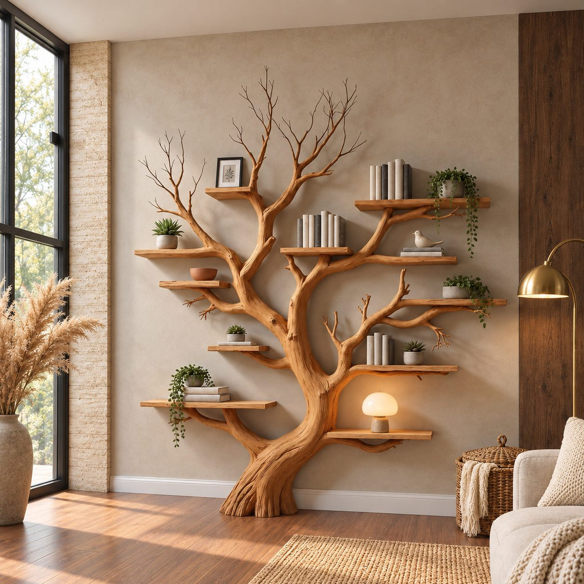 Wall Tree Bookshelf with Twin Forked Rooted Trunk and Short Shelves at Many Heights