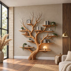 Wall Tree Bookshelf with Twin Forked Rooted Trunk and Short Shelves at Many Heights