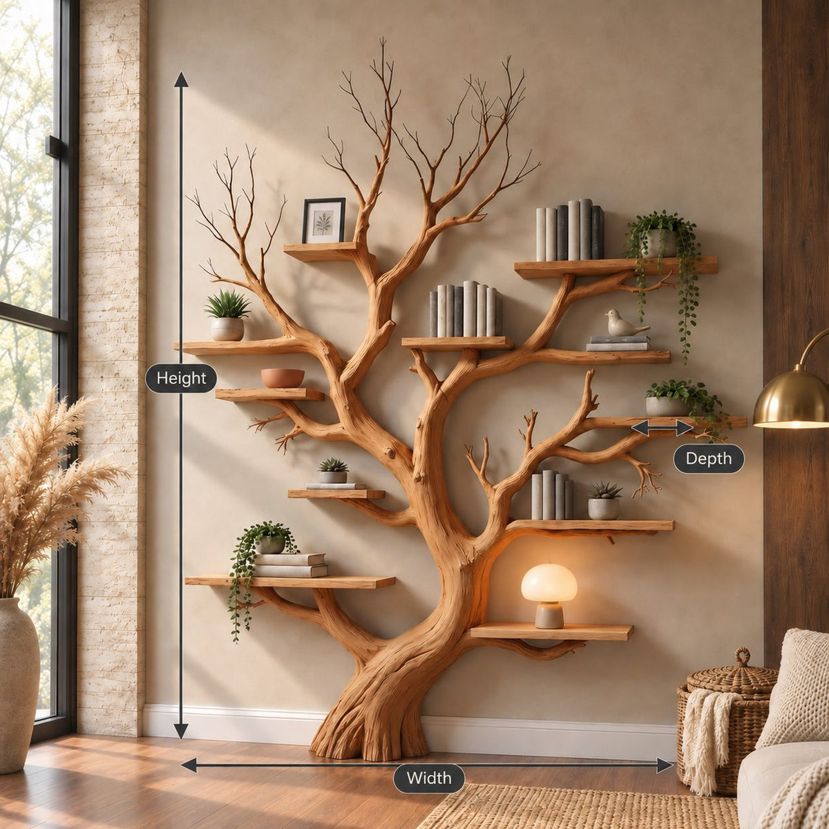 Wall Tree Bookshelf with Twin Forked Rooted Trunk and Short Shelves at Many Heights