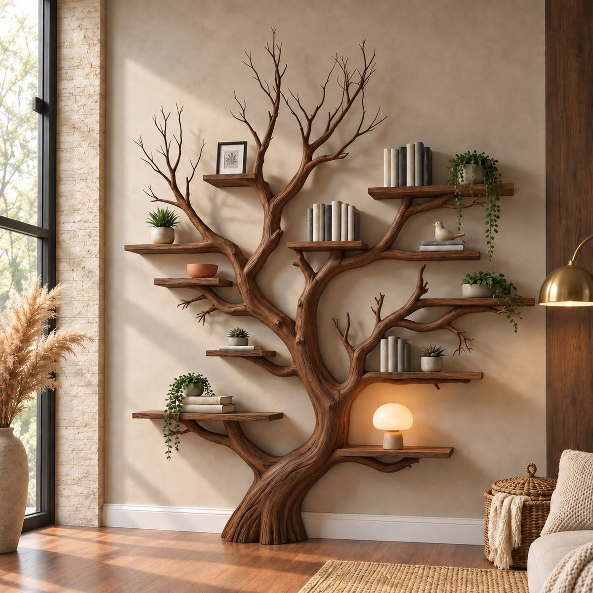 Wall Tree Bookshelf with Twin Forked Rooted Trunk and Short Shelves at Many Heights