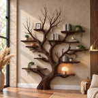 Wall Tree Bookshelf with Twin Forked Rooted Trunk and Short Shelves at Many Heights