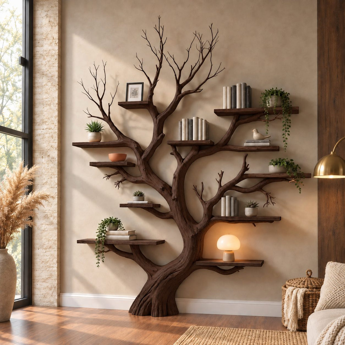 Wall Tree Bookshelf with Twin Forked Rooted Trunk and Short Shelves at Many Heights